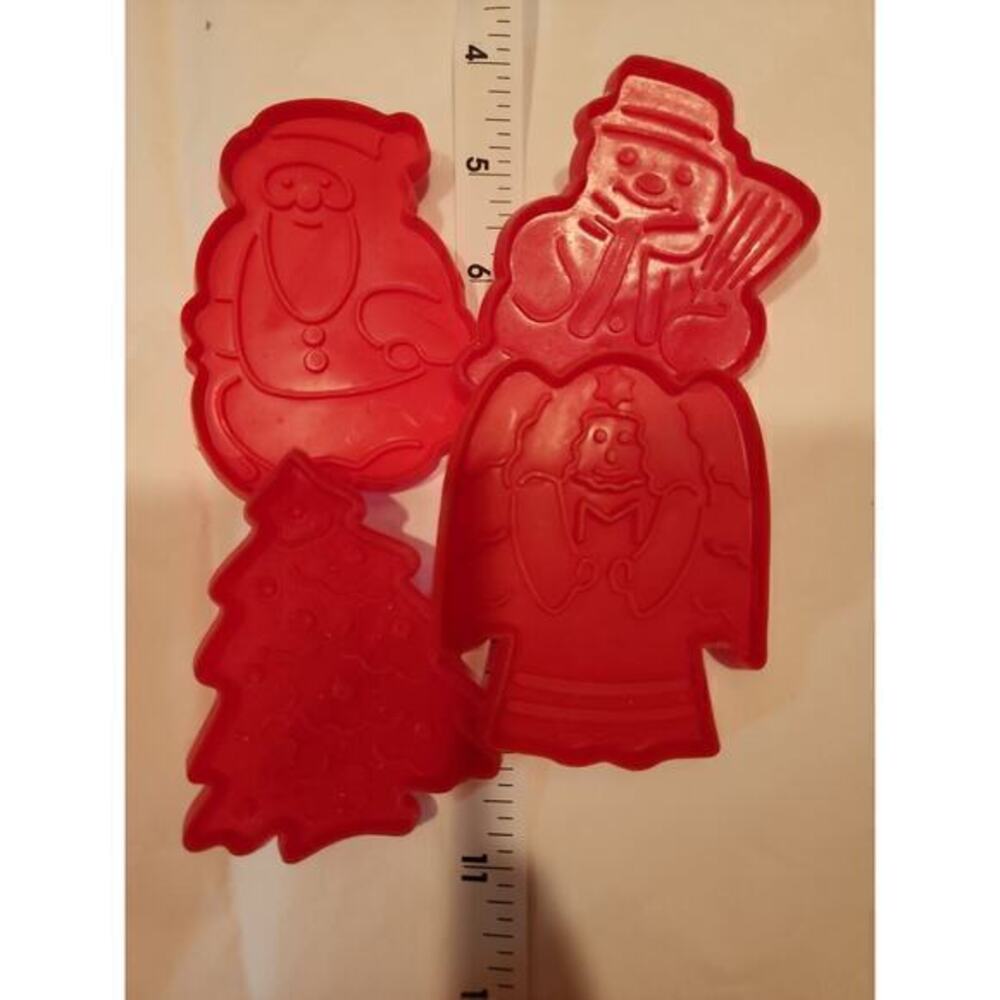 4 Red Christmas Holiday Imprint COOKIE Cutter Santa‎ Tree Angel Snowman VINTAGE